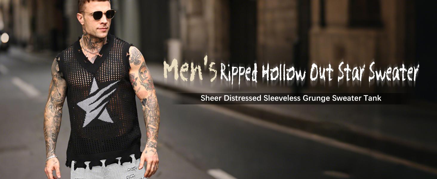 HYPESTFIT Men's Ripped Hollow Out Transparent Star Distressed Grunge Tank Top