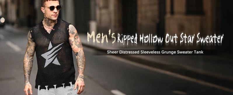 HYPESTFIT Men's Ripped Hollow Out Transparent Star Distressed Grunge Tank Top