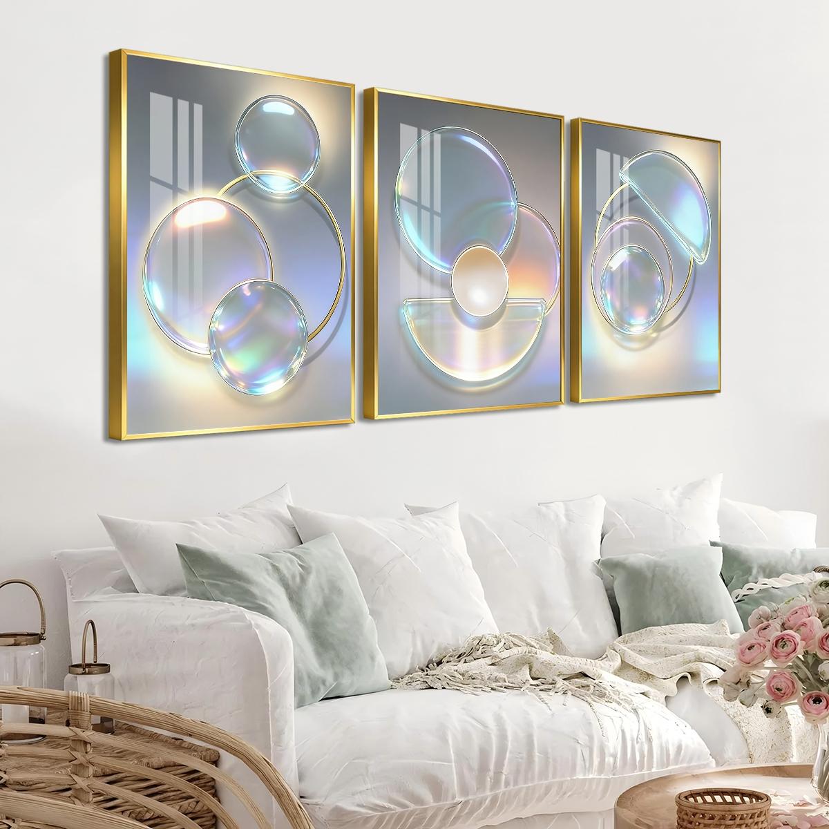 3 Counts Aluminum Alloy Framed Painting, Abstract Iridescent Glass Circles Design, Home Decoration For Living Room, Bedroom, Office, Restaurant, Hallway Wall Decor, Odorless Print Artwork, Luxury Perfect Gift For Friends And Family