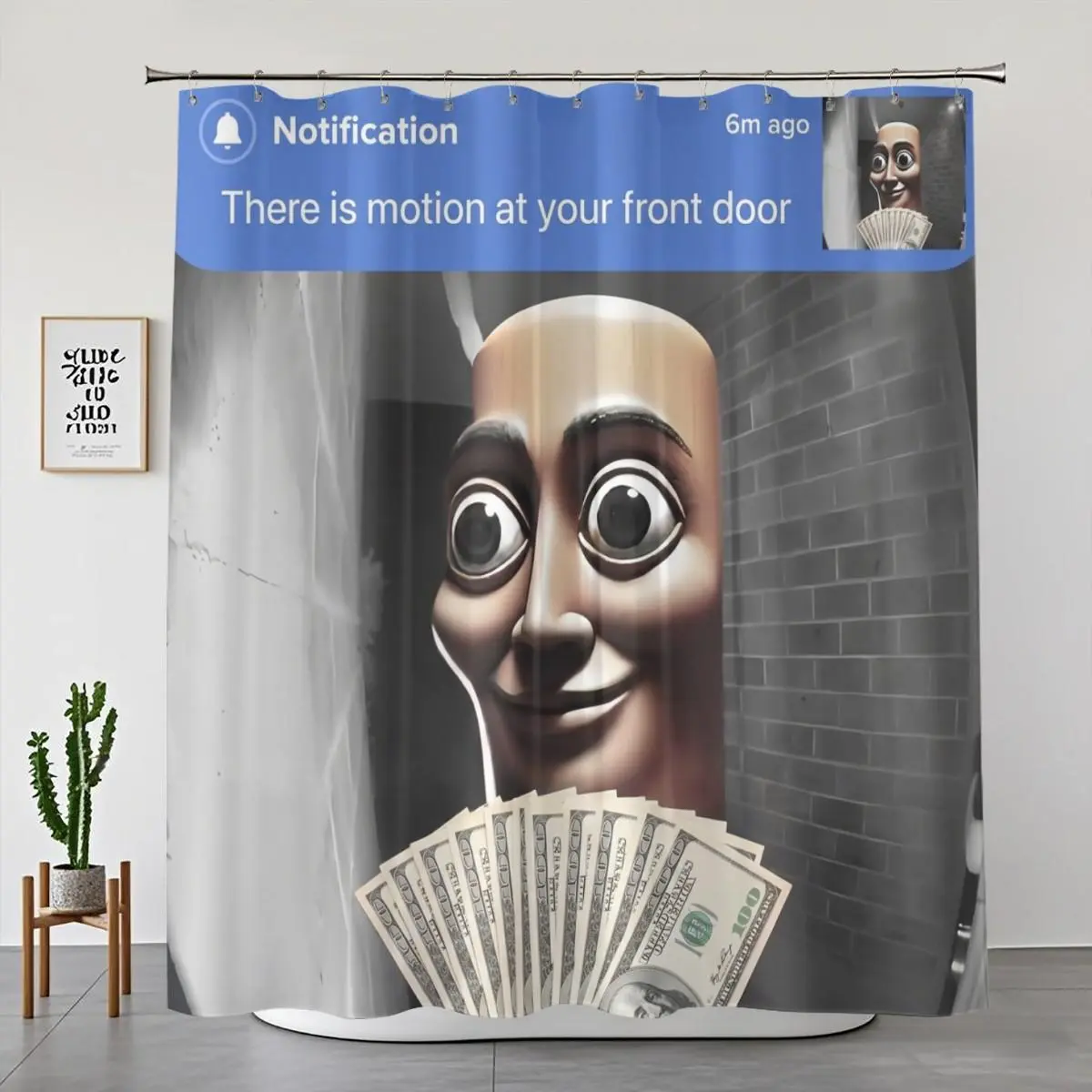Funny Meme Art Doorbell Camera Themed 1/4-Piece Bathroom Shower Curtain Panel Set, Surreal Internet Humor Gift for Humor Lovers, Waterproof Fabric with Creepy Smiling Figure & Money Notification Print, Non-Slip Rug & Toilet Mat, Shower Curtains