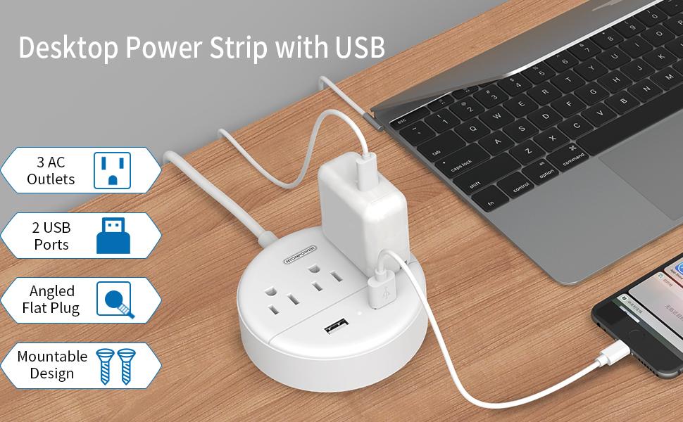 Flat Plug Power Strip with USB Ports, NTONPOWER Nightstand Desktop Charging Station with 5/10/15/25ft Short Extension Cord, Wall Mount, Small Size for Dorm Room Nightstand Office, Travel, White