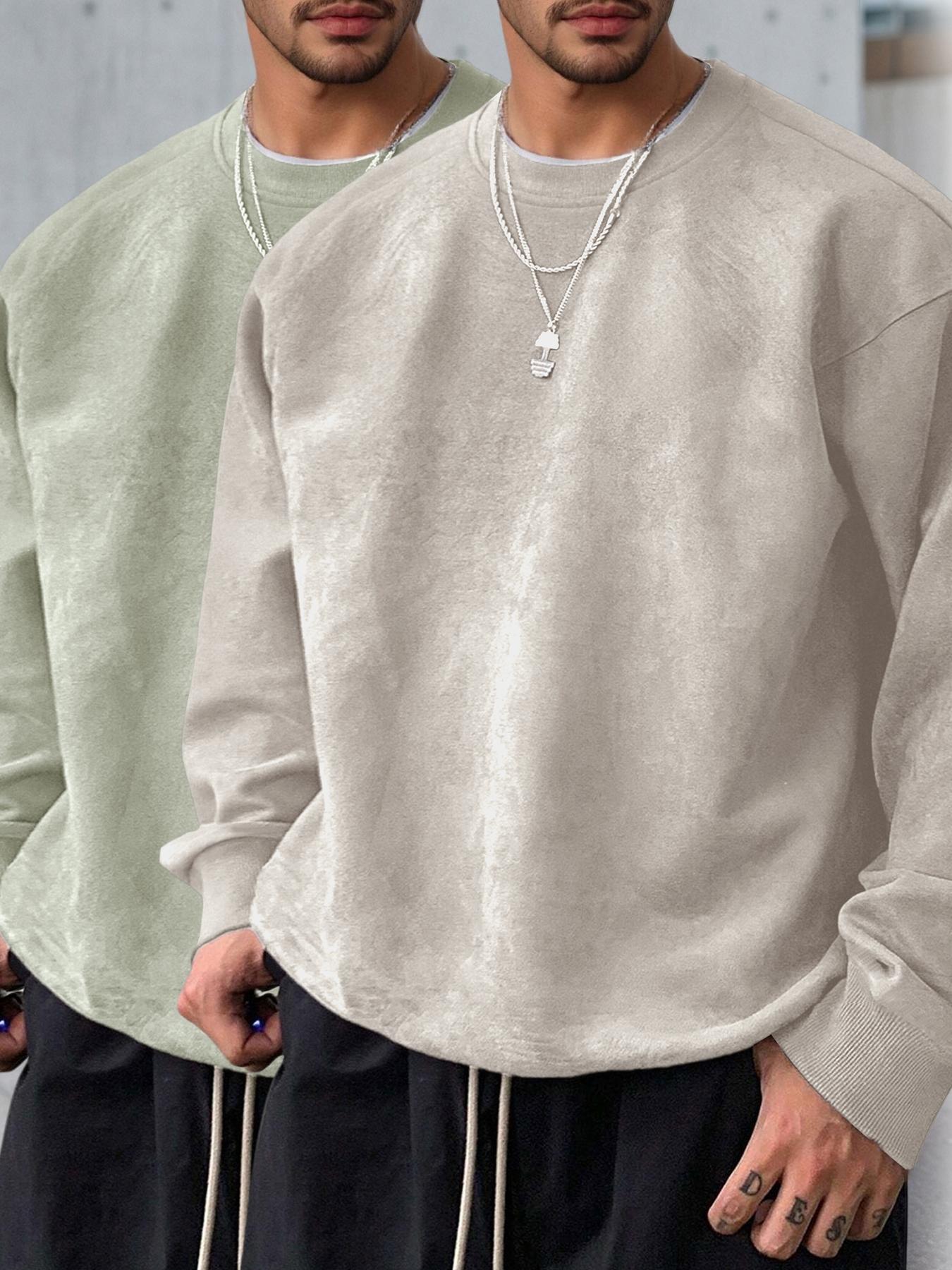 Men's Solid Color Plain Round Neck Drop Shoulder Long Sleeve Fleece Sweatshirt, Casual Fit for Fall & Winter, Comfortable Daily Wear