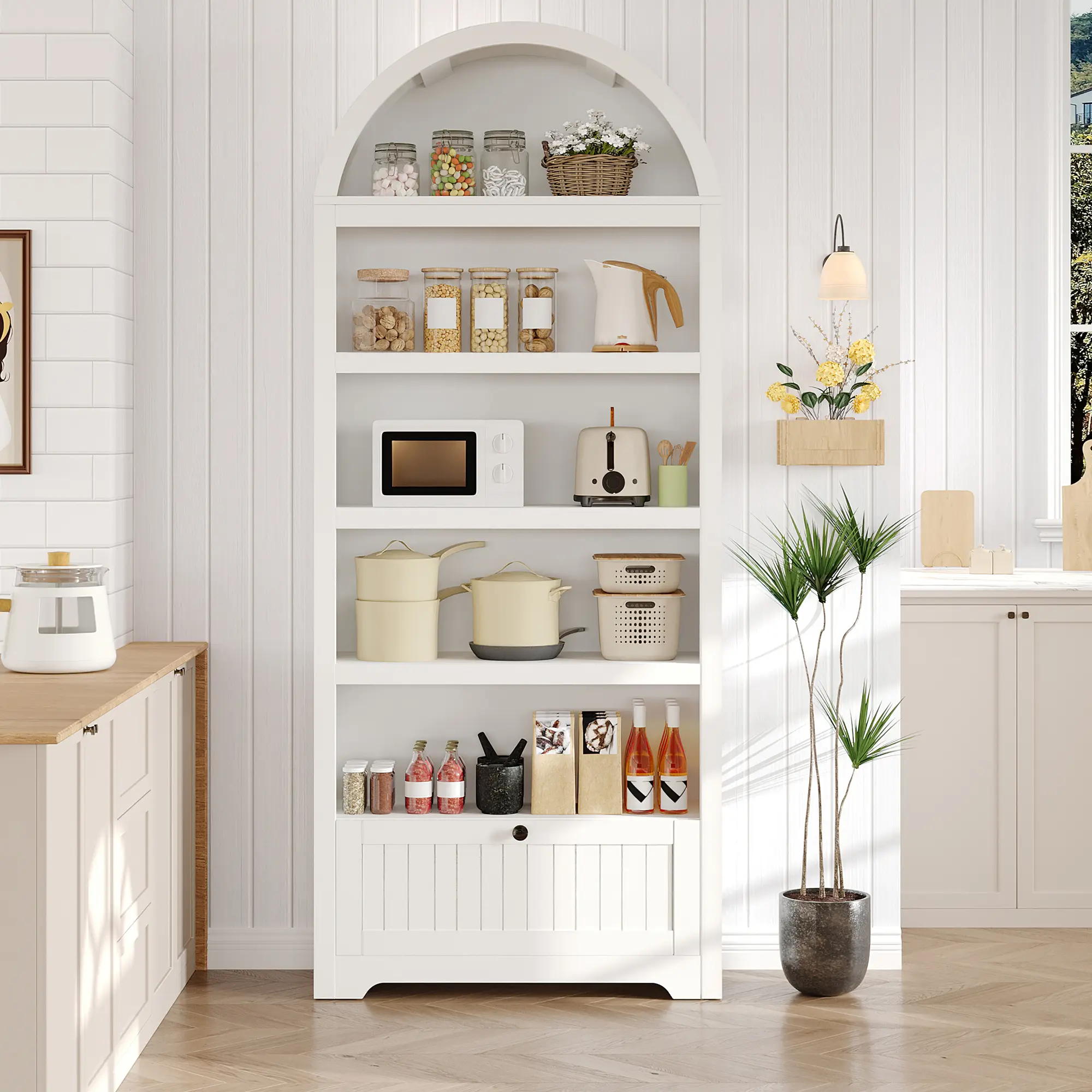 71" Tall Arched Book Shelf, 6-Tier Freestanding Bookshelf with Drawer and Open Shelves, White Finish, Black Handles, for Bedroom or Home Office