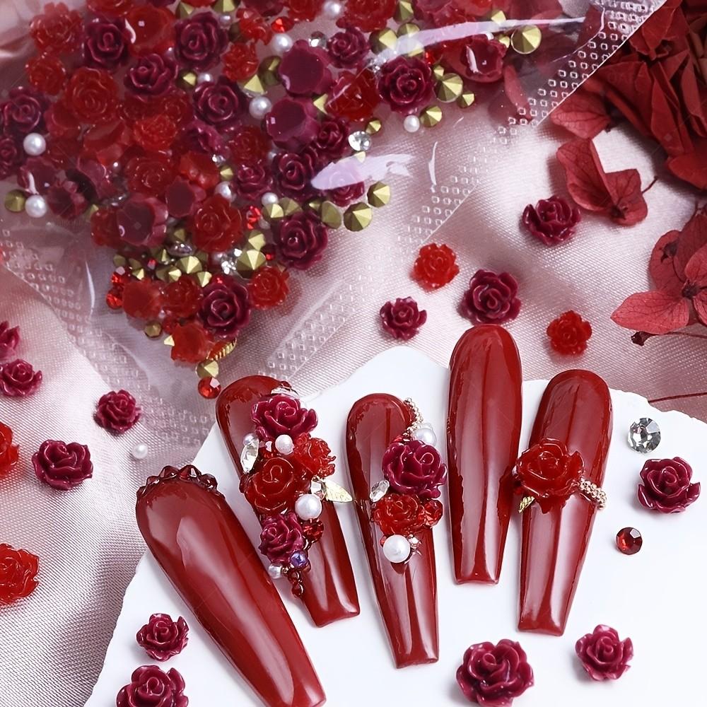 100pcs Valentine's Day Camellia Nail Decorations, Large Resin Rose with Rhinestones and Pearls, Romantic Nail Art Accessories