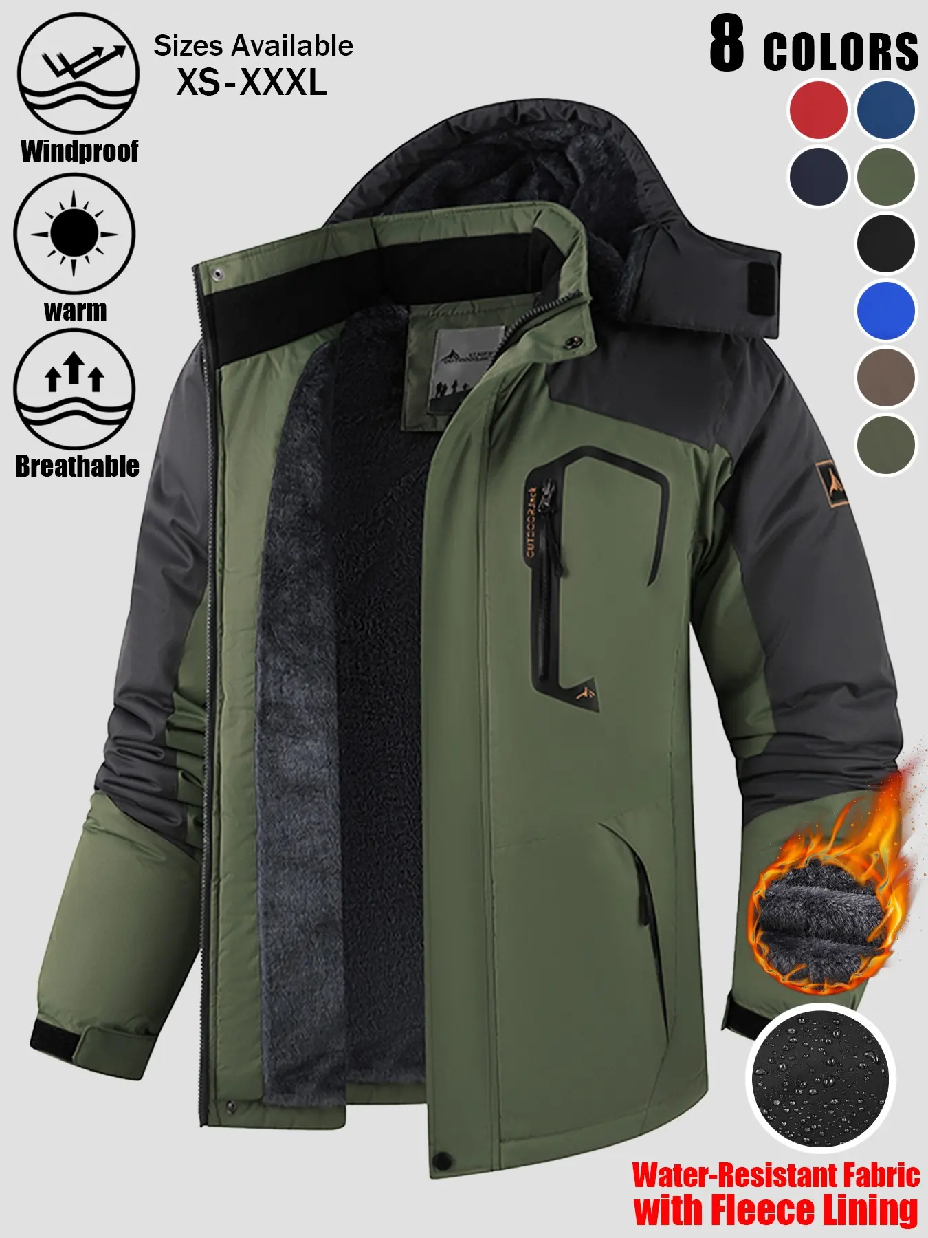 1 Pack Men's Fleece Lined Hooded Softshell Jacket, Waterproof Windproof Warm Breathable Outdoor Jacket with Removable Hood Full Zip Chest Zip Pockets Side Pockets & Adjustable Cuffs, Perfect Everyday 8 Colors XS-XXXL, Commute Hiking Camping Layering