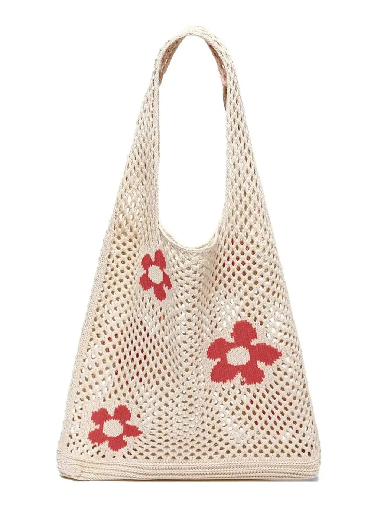 Ladies' simple casual hollow design shoulder bag, fashionable daily personalized pattern knitted bag, Colorblock Bag, Crossbody Crochet Bags