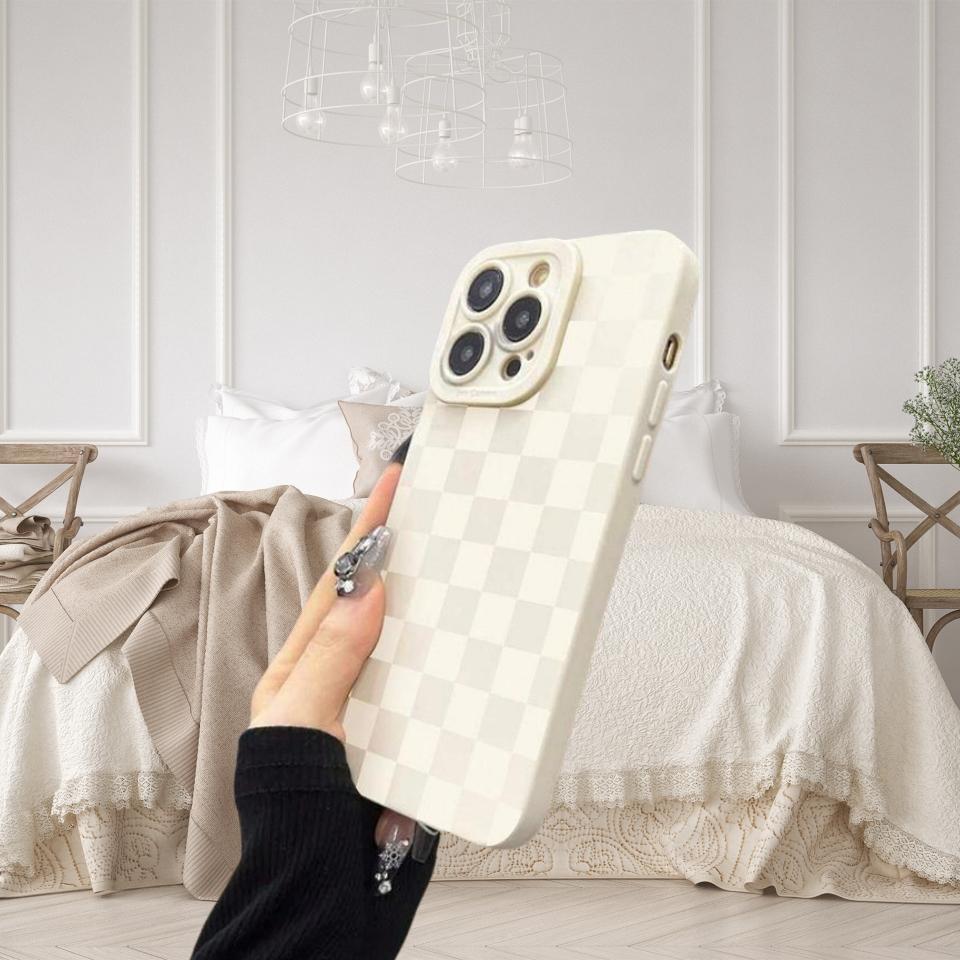 Checkerboard Pattern Phone Case, Anti-drop Cellphone Protective Case, Total Protective Shockproof Mobile Phone Cover for iPhone 11 12 13 14 15 16 17 Pro Max, Casing, Protector, Smartphone, Cream