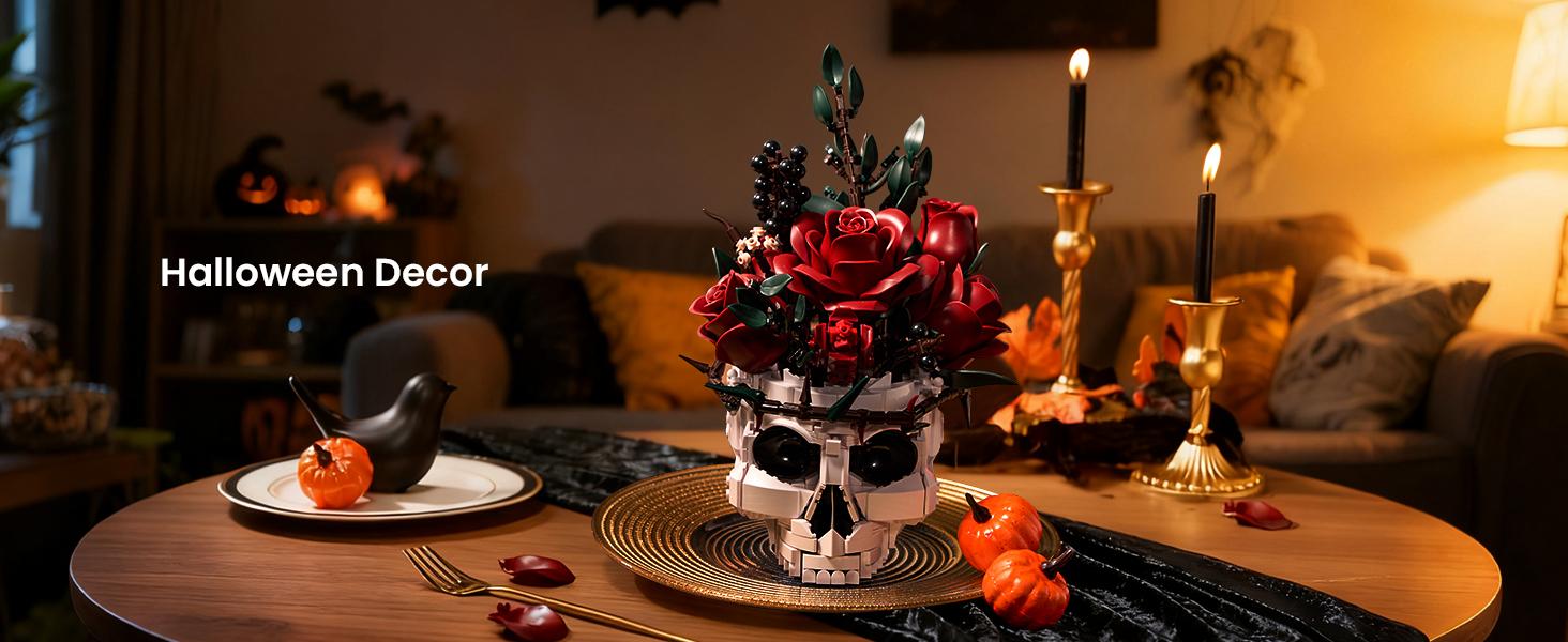 Supreowls Skull Roses Flower Bouquet Building Set, Botanical Collection Kit for Adult Women, Gift for Valentines Day for Her/Girlfriend/Mom/Wife/Couple, Goth Horror Skeleton Pot Home Table Decor Aesthetic