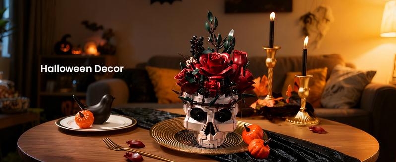 Supreowls Skull Roses Flower Bouquet Building Set, Botanical Collection Kit for Adult Women, Gift for Valentines Day for Her/Girlfriend/Mom/Wife/Couple, Goth Horror Skeleton Pot Home Table Decor Aesthetic