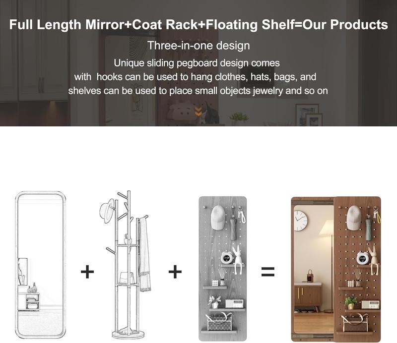 【School】Pegboard Mirror, 100% Solid Wood - No MDF, Mirror with Shelf & Hooks, Rustic Wall-Mounted Mirror with Multifunctional Panel for Bedroom, Living Room, Entryway