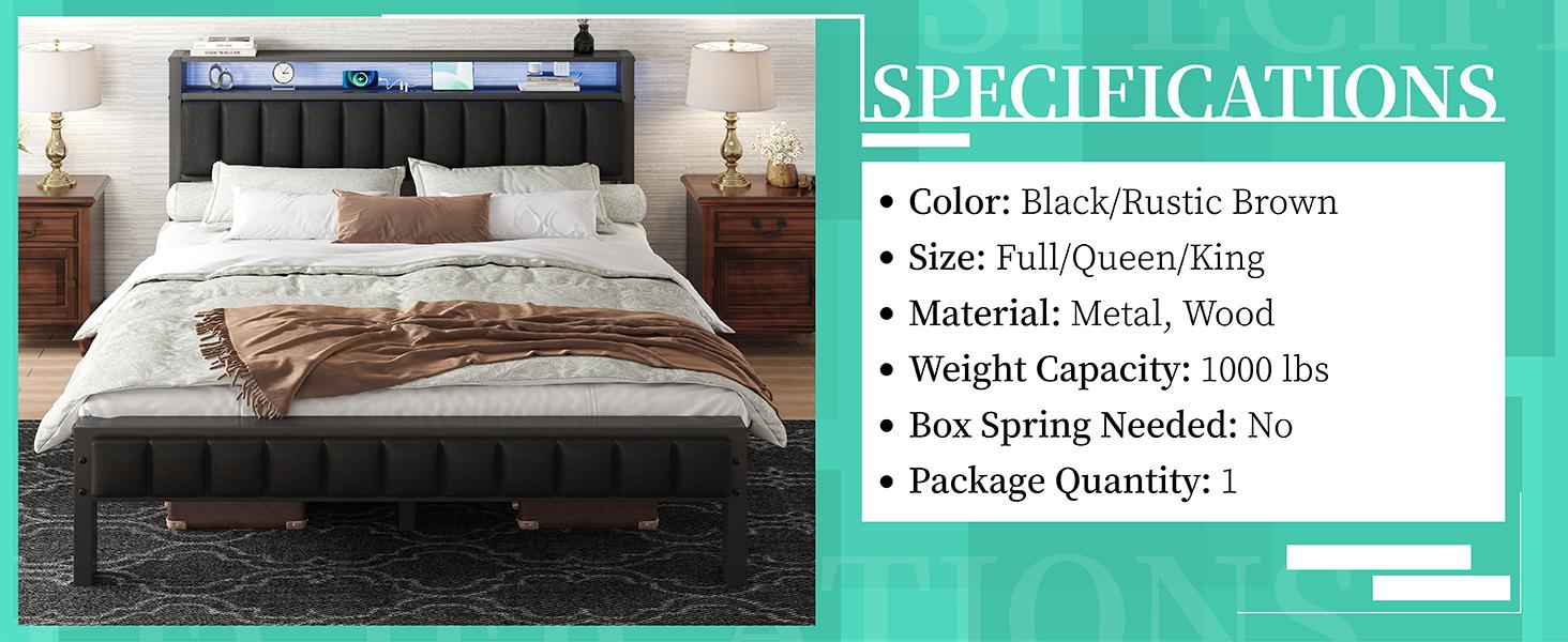 VanAcc Metal Bed Frame with  2-Tier Faux Leather Storage Headboard, Modern Platform Bed with Charging Station and LED Lights, No Box Spring Needed