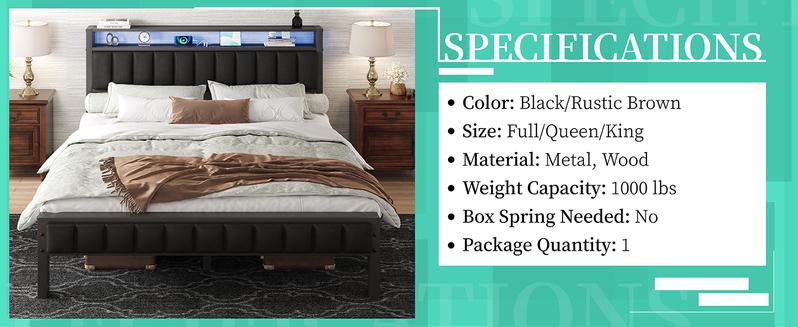 VanAcc Metal Bed Frame with  2-Tier Faux Leather Storage Headboard, Modern Platform Bed with Charging Station and LED Lights, No Box Spring Needed