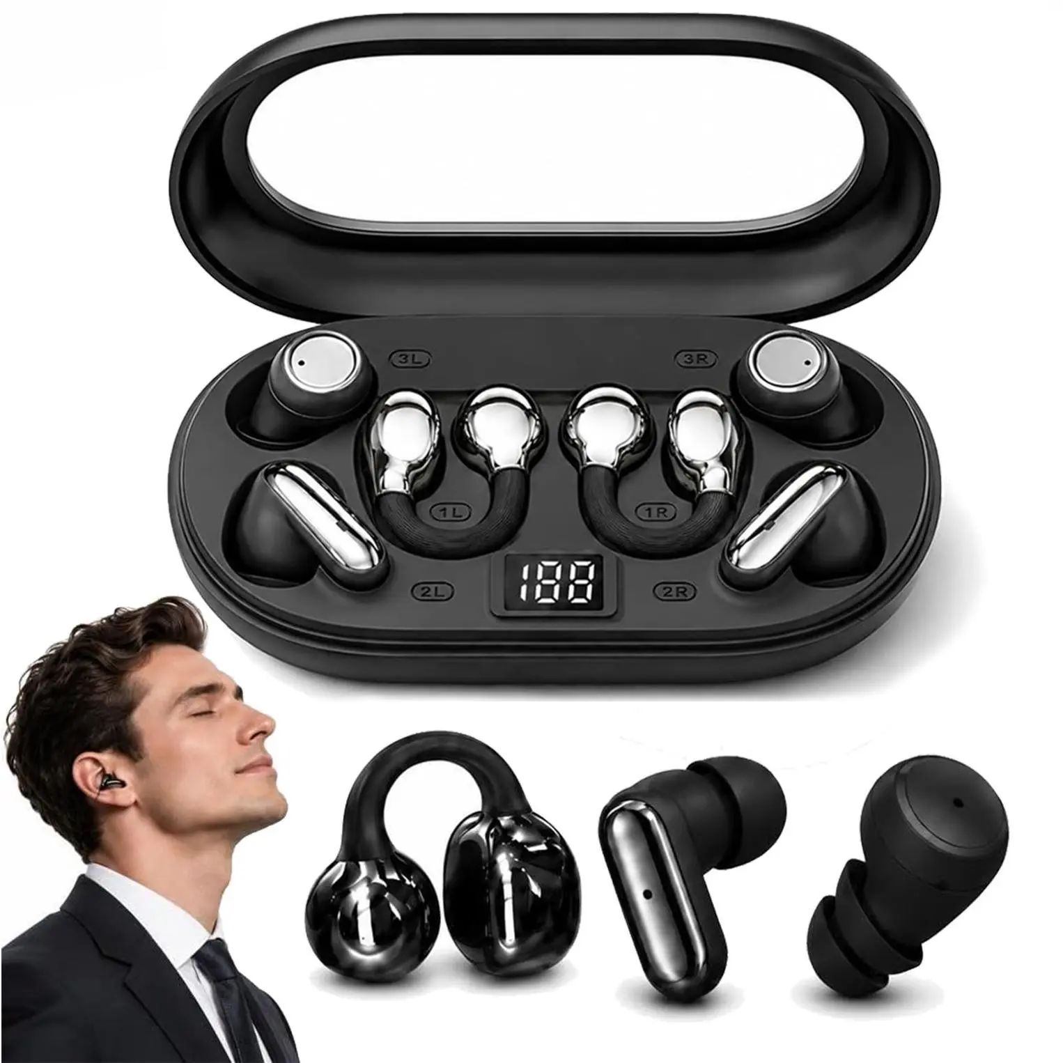 3-in-1 Wireless Bluetooth Earbuds, 3 Pairs in 1 Charging Case (In-Ear, Clip-On & Sleep), LED Display, Deep Bass, Sweatproof for Sports & Running