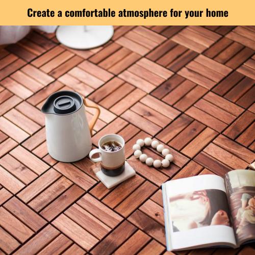 Acacia Wood Interlocking Deck Tiles Checker Pattern, 30 PCS 12" x 12" Square Acacia Hardwood Outdoor Flooring for Patio, Bancony, Pool Side