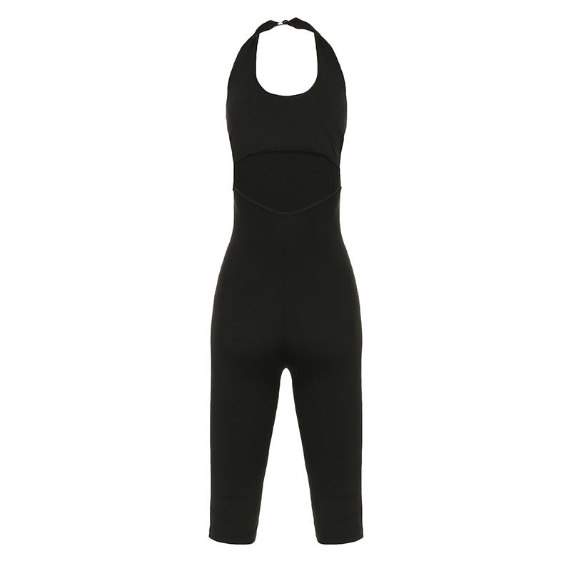 Women's Solid Color Halter Neck Capri Jumpsuit, Comfy Breathable Minimalist Sleeveless Skinny Slim Jumpsuit for Summer, Ladies Clothes for Daily Wear, Casual Fashion Jumpsuit, Basic Jumpsuit, Casual Comfy Overalls, Black, Casual Fitted Jumpsuit