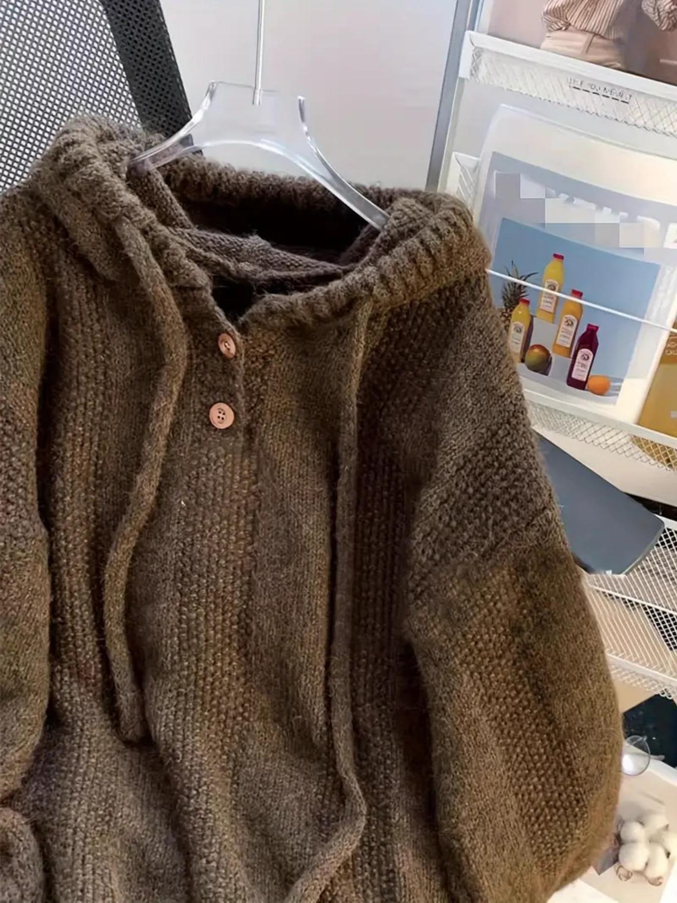 Women's Oversized Hooded Button Up Drawstring Adjustable Long Sleeve Pullover Sweater Autumn/Winter Casual Solid Color Warm Thick Chunky Cozy Soft Jumper Sweater Top, Women Fall Outfit, Winter Sweater for Women, Garment, Womenswear