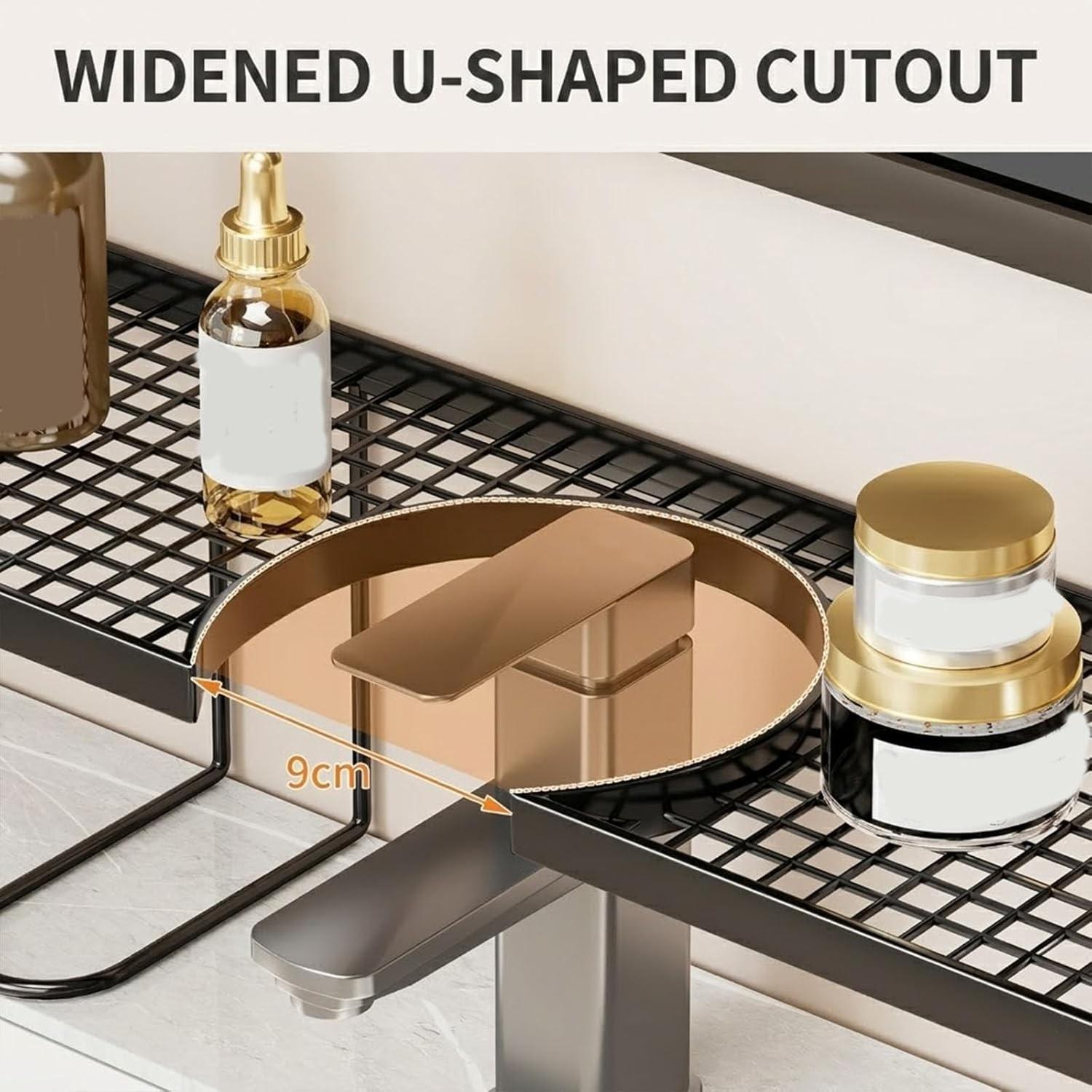 Over the Sink Shelf No Drill No Glue, Over The Sink Shelf Bathroom Organizer, No Drill Behind The Faucet Sink Organizer with U-Shaped Design, Space Saving Smart Sink Organizer Rack