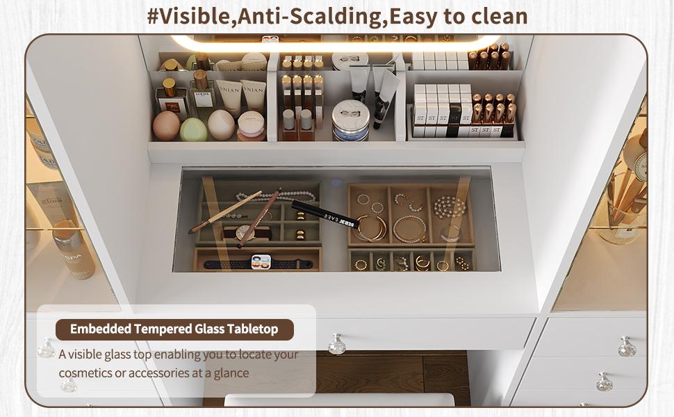 FUSOU 11 Drawers Makeup Vanity with Charging Station【Shipping By 2 Packages】Vanity Desk with LED Mirror & 2 Glass Cabinet, 3 Color Modes, Brightness Adjustable, Glass Top, Dressing Table with Chair for Bedroom (11 Drawers)