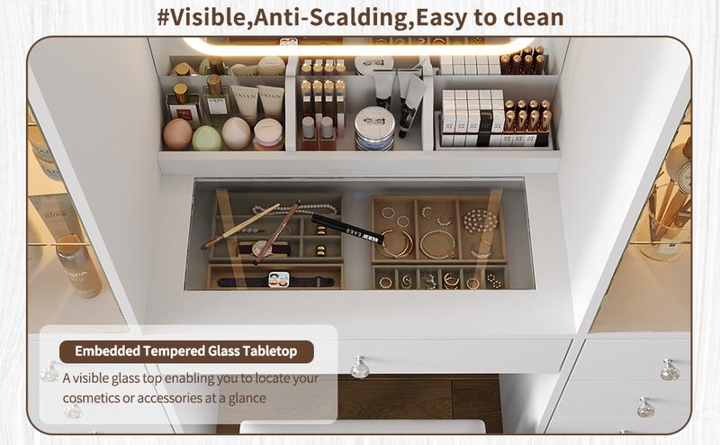 FUSOU 11 Drawers Makeup Vanity with Charging Station, Vanity Desk with LED Mirror & 2 Glass Cabinet, 3 Color Modes, Brightness Adjustable, Glass Top, Dressing Table with Chair for Bedroom (11 Drawers)