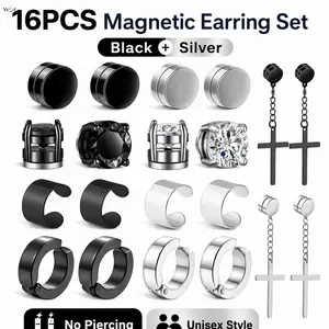 16Pcs Punk Ear Gauges Tunnels Cross Dangle Earring Set, 2 Tone Black Silver Stainless Steel Ear Plugs CZ Studs Cuff Hoops Cross Drop Earrings, Multi-Pier Gothic Stack Jewelry Kit for Men Women