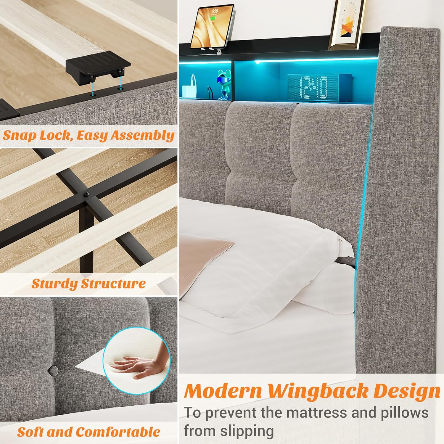 Bed Frame with 4 Storage Drawers, LED Lights, Upholstered Leather Headboard, Strong Wooden Slats, Adjustable Headboard with Smart Control  LEDs