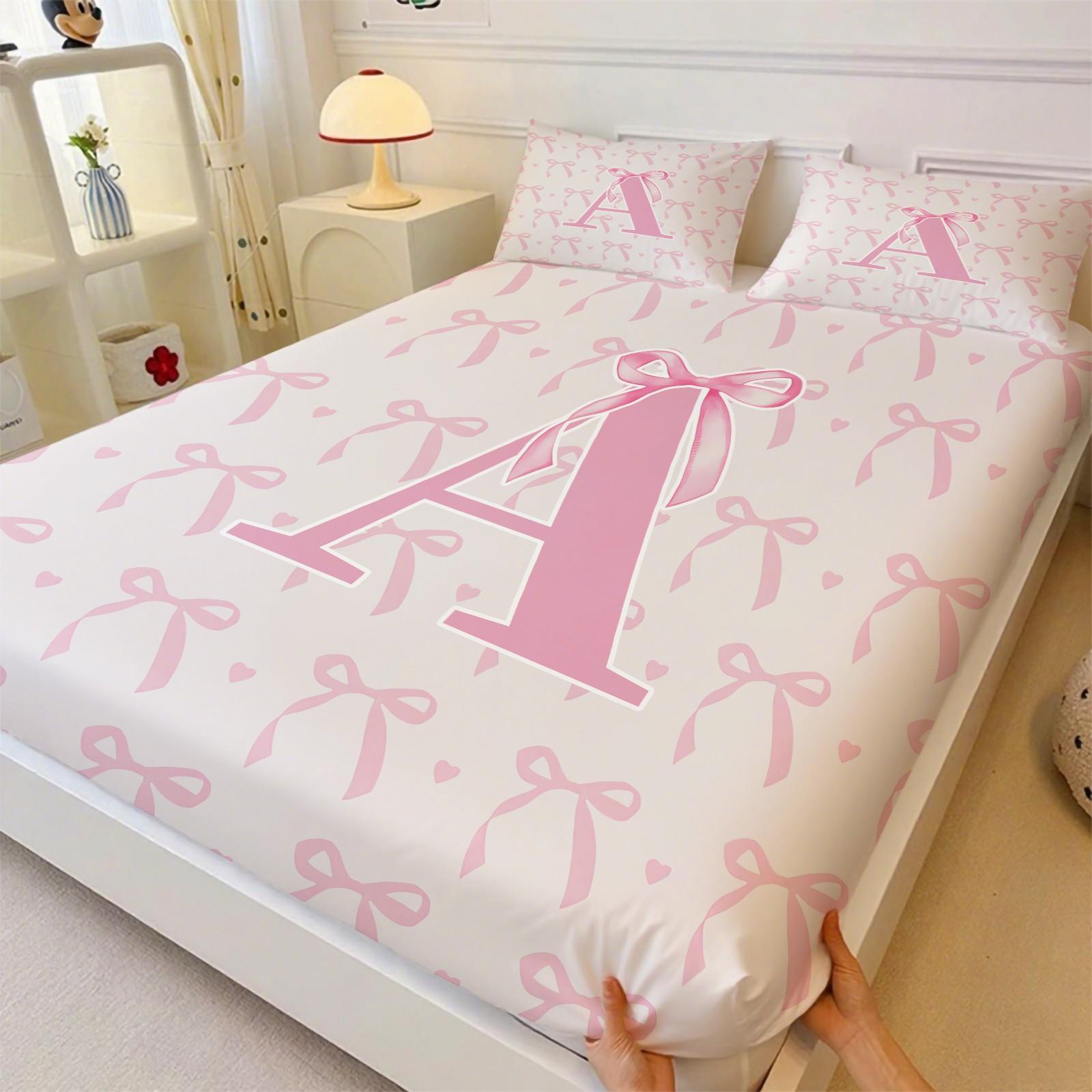 3Pcs Pink Bow Fitted Sheet Set, Custom Initial Sweet Print, Breathable Non-slip Fit, Ideal for Bedroom Dorm Home Decor