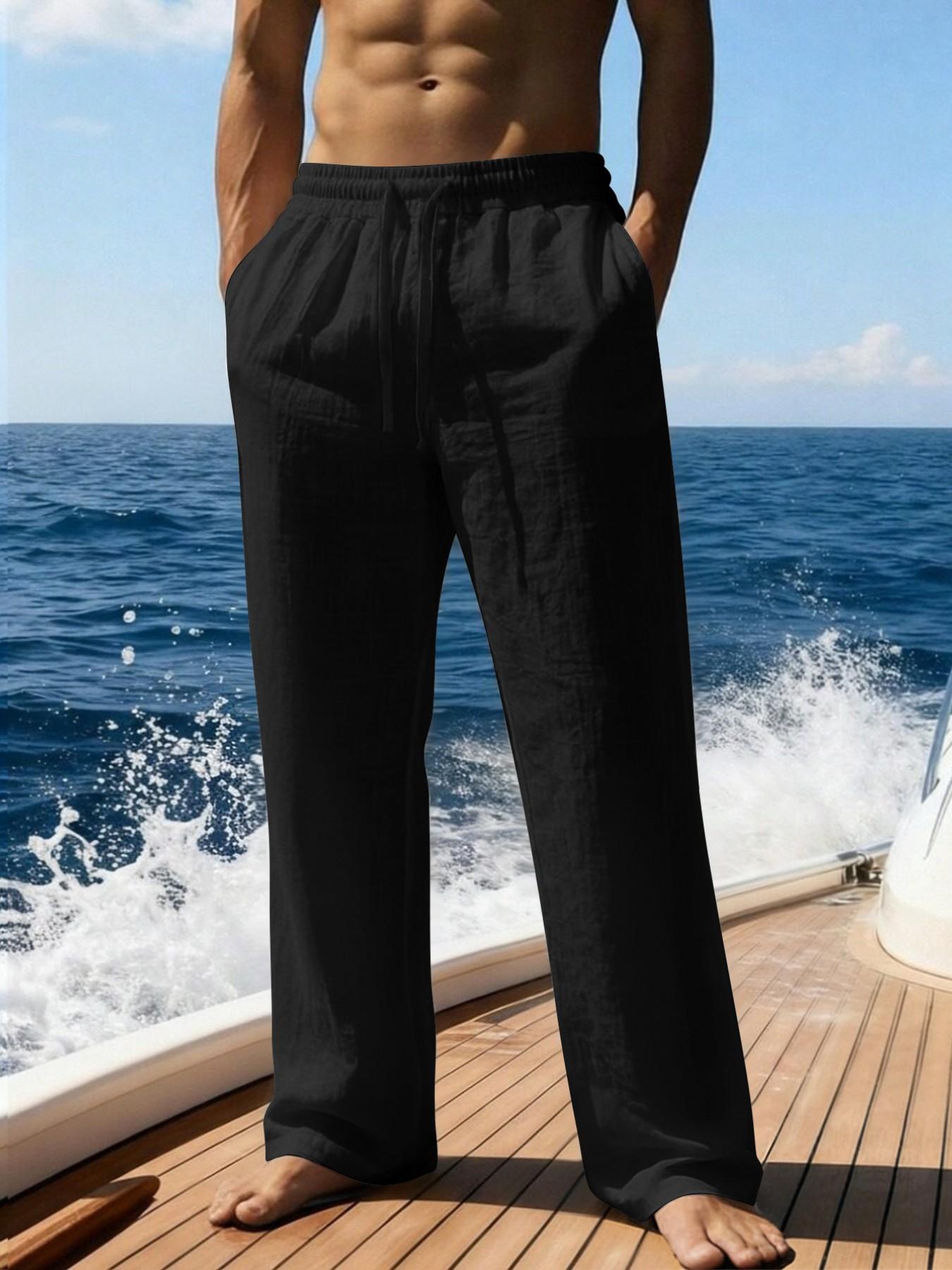 Men's Summer Straight Leg Linen Pants, Casual Sporty Island Vacation Style, Regular Fit Basic Design, Men's Clothing