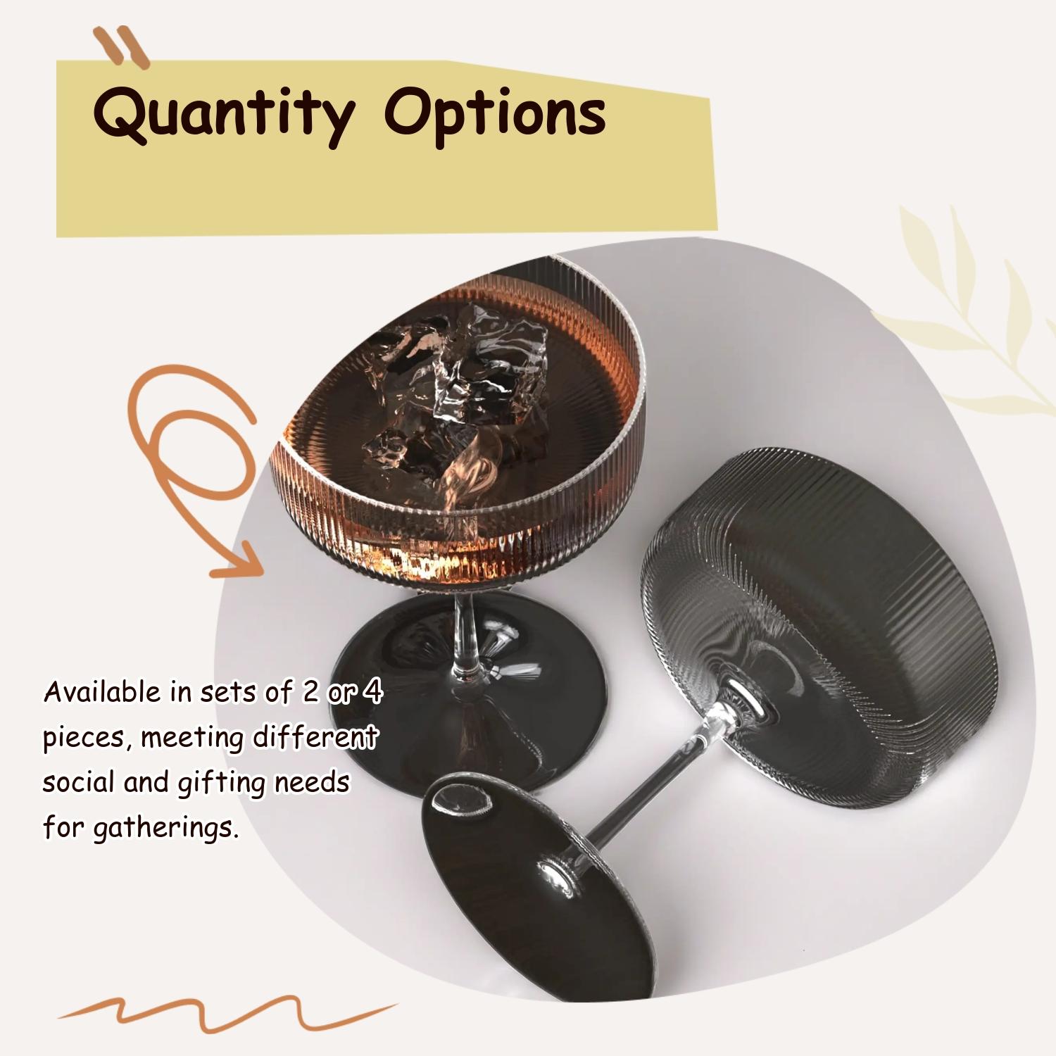 Vintage Ribbed Coupe Glass, 2/4 pcs Wine Glass Set Elegant Crystal Stripe Martini Glasses for Champagne, Margarita, Espresso, Perfect for Parties & Gifts, Drinkware