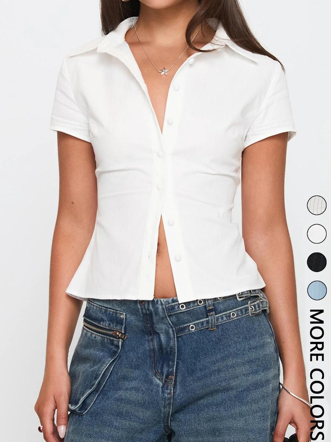 Women's Button Collared Shirt, Casual Slim-fitting Short Sleeve Top for Summer, Ladies Clothes for Daily Wear, Womenswear