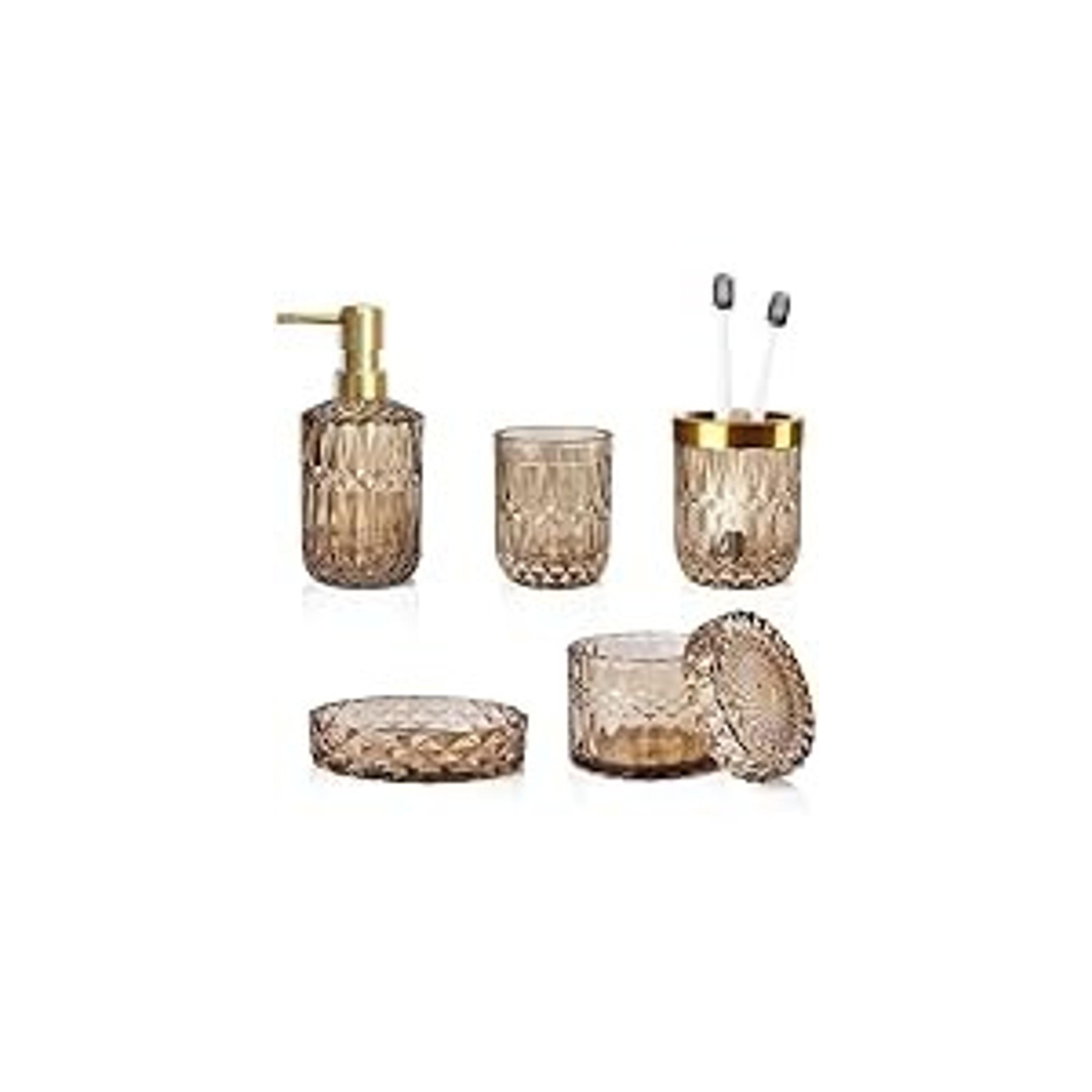 Green Bathroom Accessories Set, 6 Pcs Clear Glass Bathroom Set, Soap Dispenser, Soap Dish, Toothbrush Holder, Tumbler, Q-Tips Holder for Vintage Crystal Bathroom Decor, Gift Set