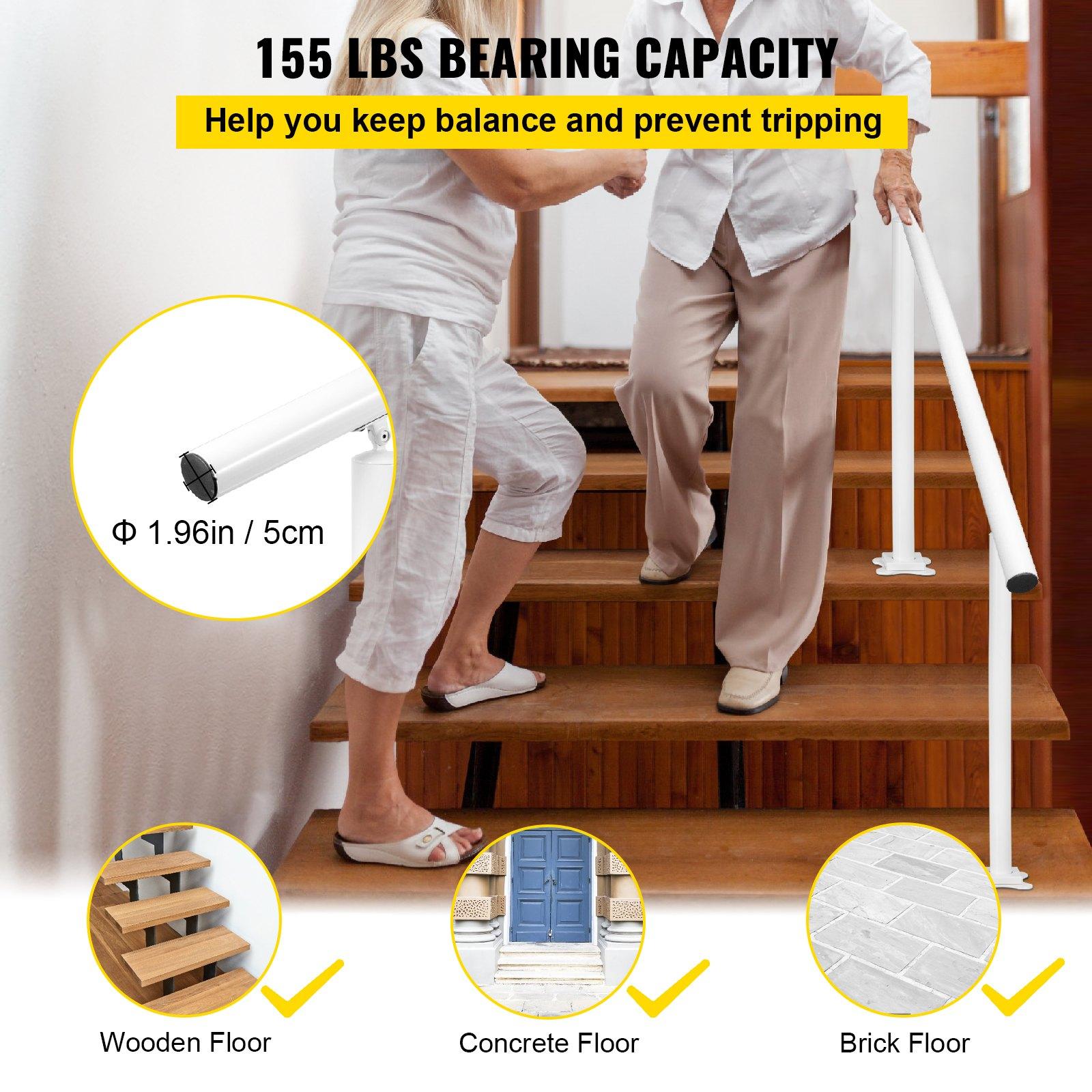 VEVOR Adjustable Aluminum Outdoor Stair Safety Rail Kit, 5 FT Angle-Adjustable Handrail for 0-5 Steps, White Safety Rail for the Elderly
