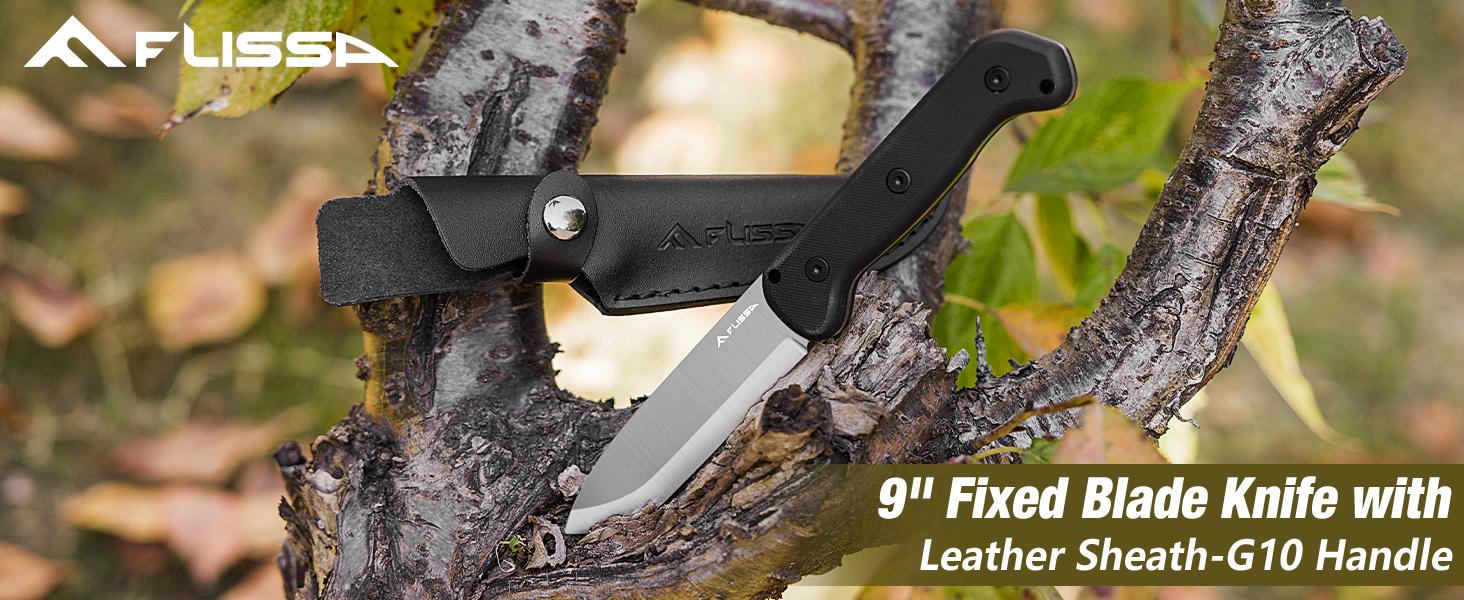 #JumpstartSale FLISSA 9" Fixed Blade Knife, D2 Steel Hunting Knife for Camping, Outdoor, Bushcraft and Survival, Leather Sheath Included, Christmas Gifts for Husband, Father, Friend