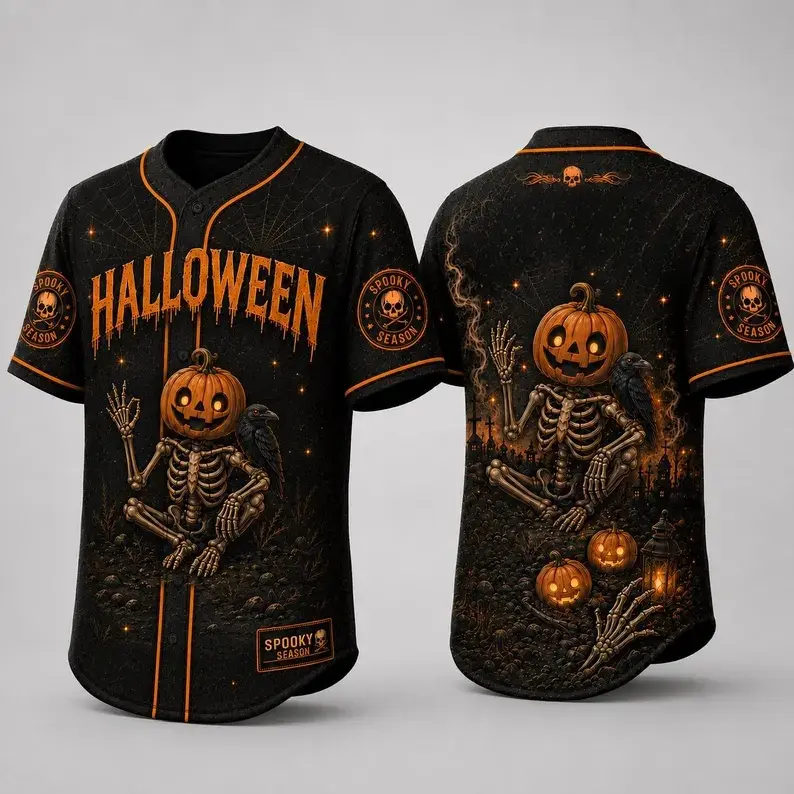 Halloween Baseball Jersey, Pumpkin Skeleton Shirt, Spooky Season Button Down, Halloween Outfits #   TikTokMadeMeBuyIt #   TikTokShop # Halloween # Halloween Gifts