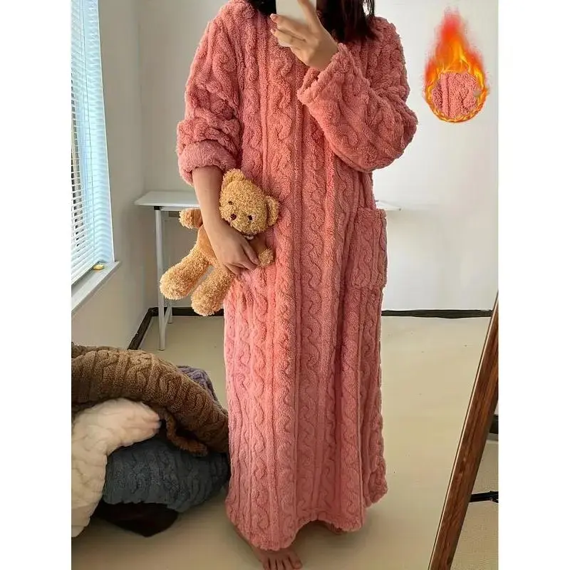 Women??s Long Fleece Robe with Pockets, Warm Plush Cable Knit Sleepwear, Soft Cozy Winter Loungewear Blanket Robe, Fluffy Oversized Pajama Gown Piece Elegant