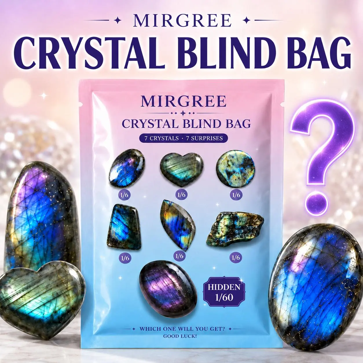 MIRGREE Labradorite Crystal Blind Bag, Random1/3/5PCS Natural Stone, 6 Regular Styles + 1 Hidden Style, Surprise Collectible Gift, Unique Gift for Crystal Lovers