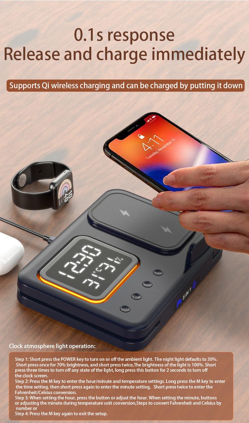Wireless charger with three in one and three levels dimming  multifunctional clock and night light  foldable for use with Apple phone watch stand and base