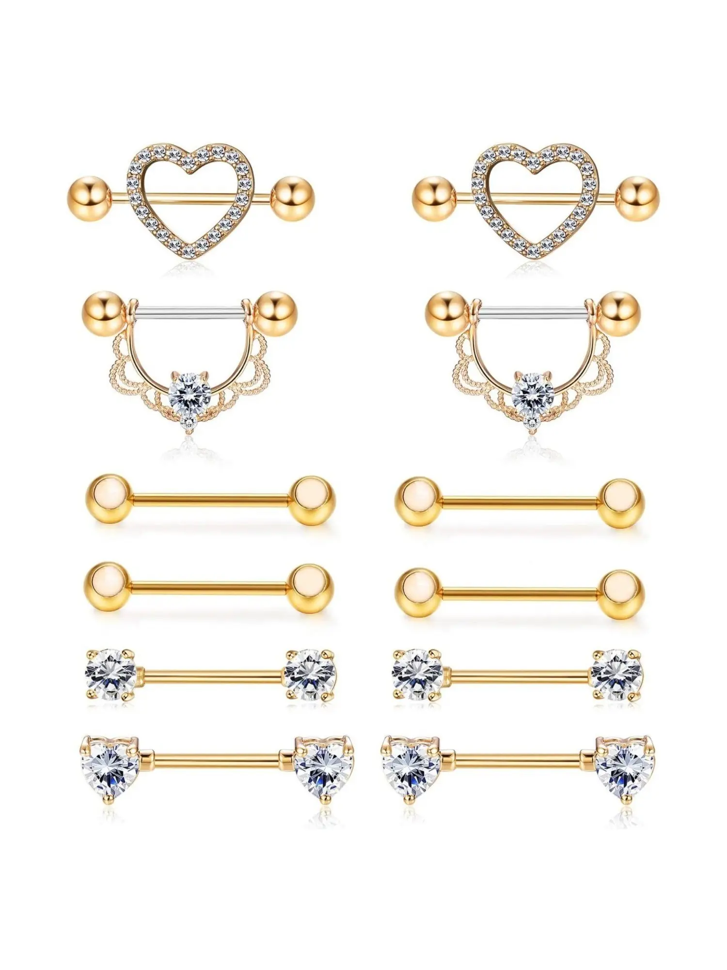 Sparkling 6 Pairs Golden Piercing Jewelry Set 14G Stainless Steel Nipple Rings for Women Men Sweet Heart CZ Tongue Barbell Body Piercing Shield Ring Set
