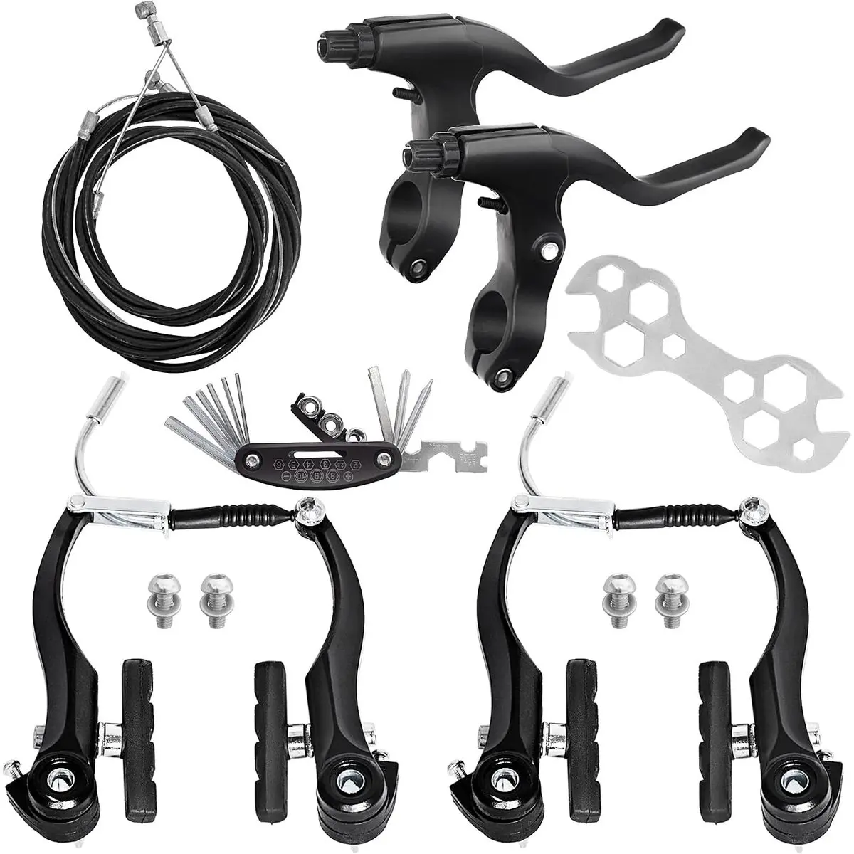 V-Type Bike Brakes Set, Complete Universal Bike Front and Rear MTB Bicycle Brake, Inner and Outer Callipers Cables Lever Kit with Multi-Tool Wrenches Black
