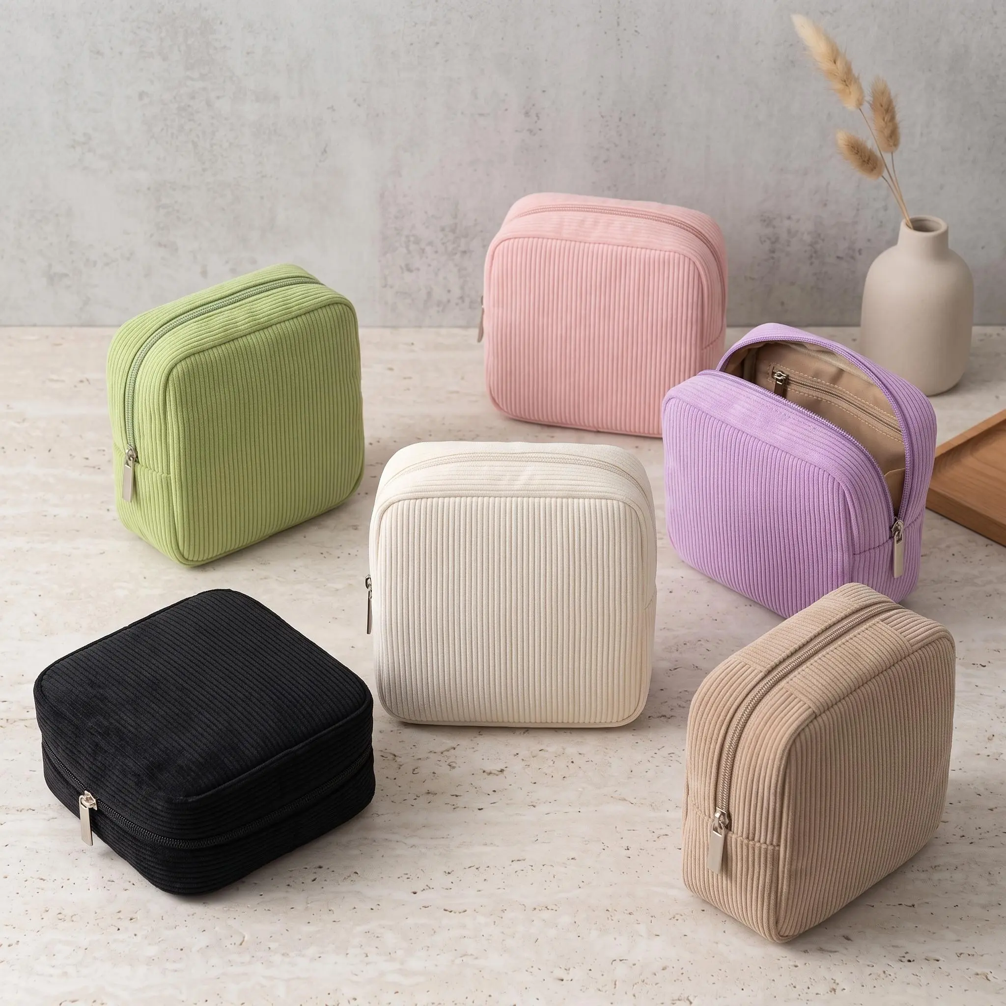 Cozy Corduroy Storage Pouch For Tampons Pads Portable Carry Bag Home Organizer Durable Expandable Solid Color Urban Minimalist Zipper Closure Women Travel Essential Soft Everyday Carry