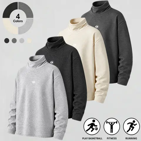 Men turtleneck long sleeve sweatshirt, cotton blend heathered fabric, loose drop shoulder fit, subtle small star graphic print on chest, high neck pullover top for basketball fitness running daily street outfits