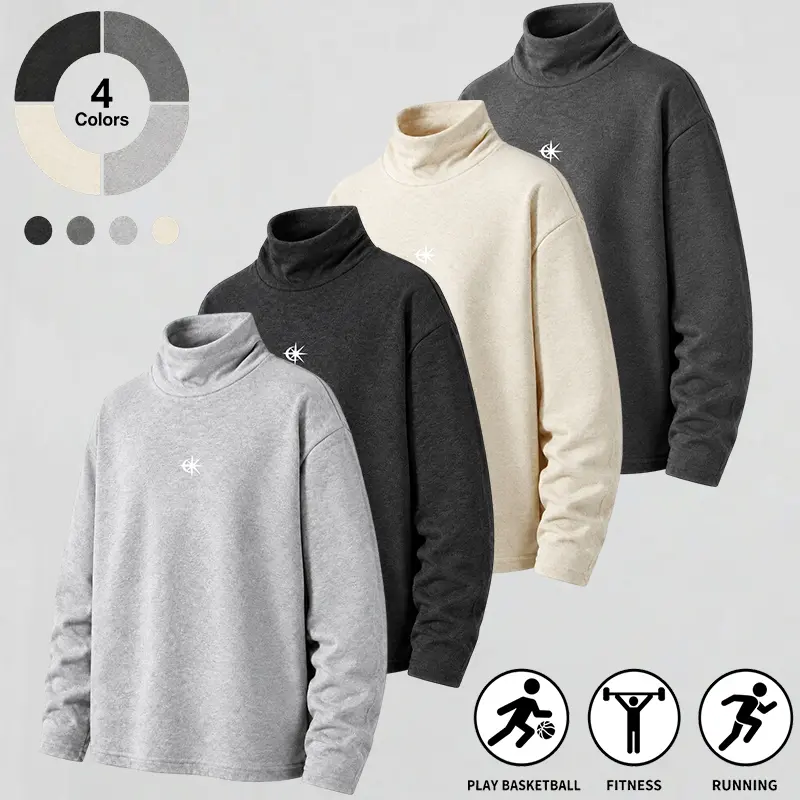 Men turtleneck long sleeve sweatshirt, cotton blend heathered fabric, loose drop shoulder fit, subtle small star graphic print on chest, high neck pullover top for basketball fitness running daily street outfits