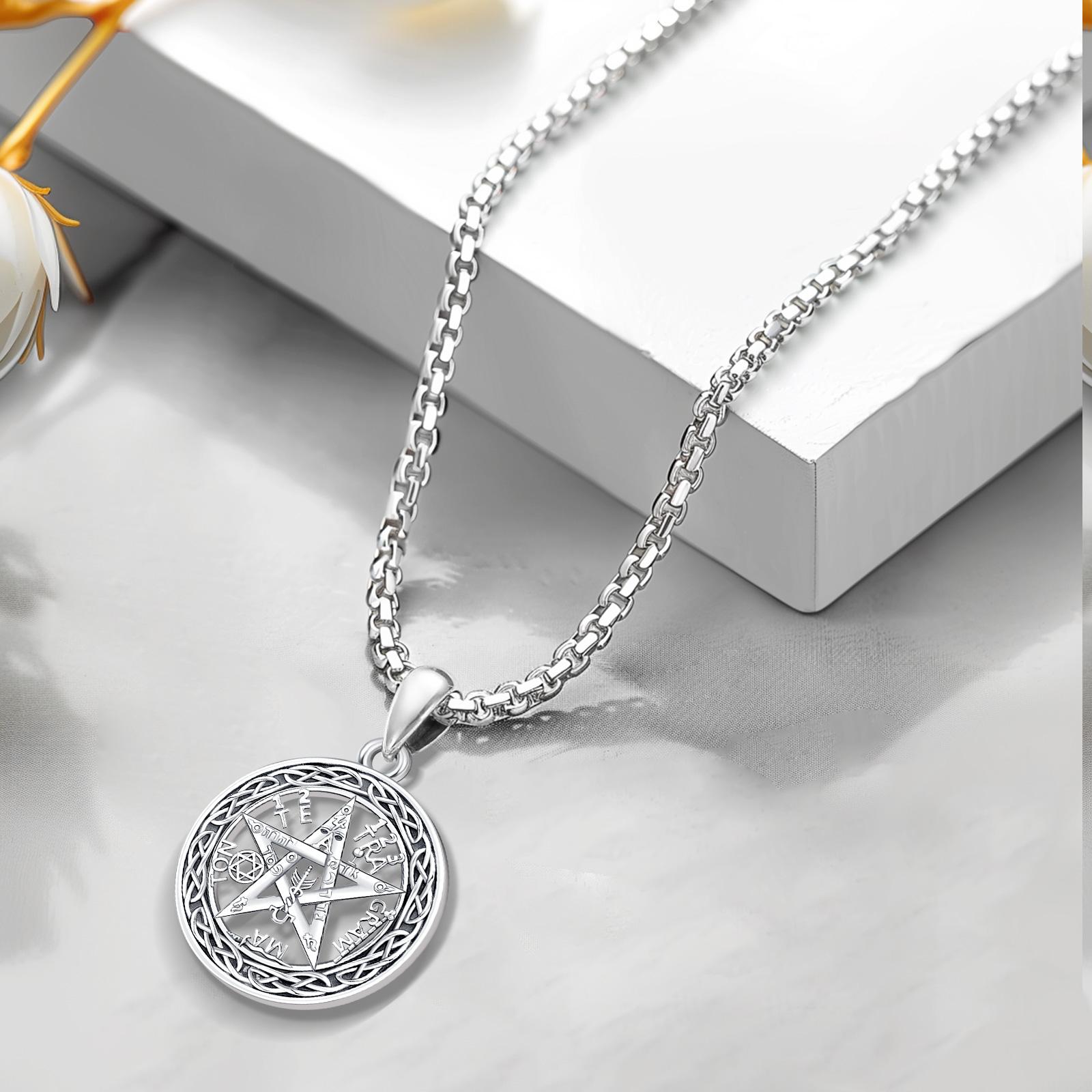 Tetragrammaton Necklace 925 Sterling Silver Pendant Pentagram Necklace for Men & Women, Oxidation Process Silver Pendant, YHWH Jewelry Accessories, Celtic Knot Desgin Round, Protection Amulet Gift