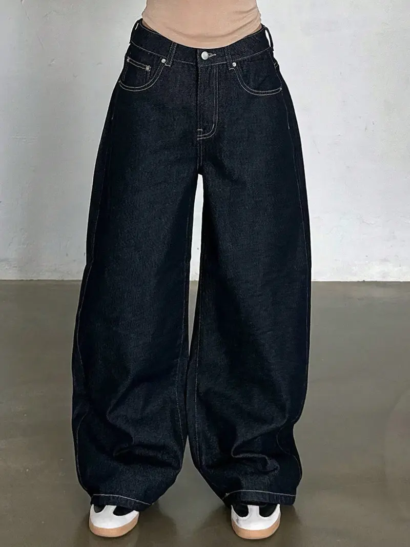 High Waist Dark Wide Leg for Women, American Street Style, Loose Fit, Long Streetwear Denim Pants with Multiple Pockets, All Seasons