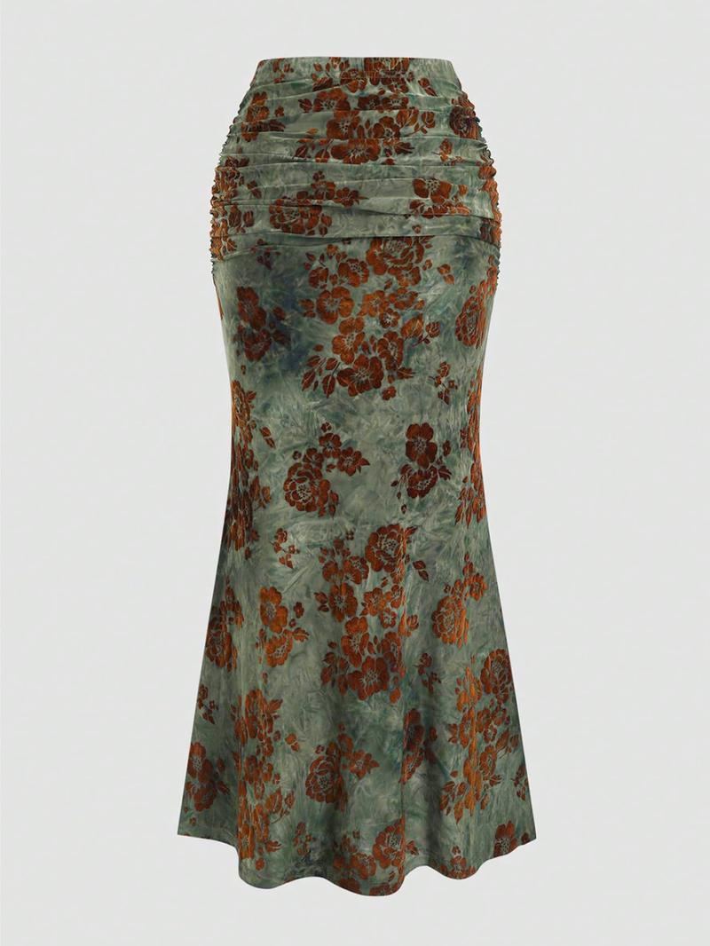 Women's Vintage Floral Print Long Mermaid Skirt, Casual Fashion Velvet Bottoms for All Seasons