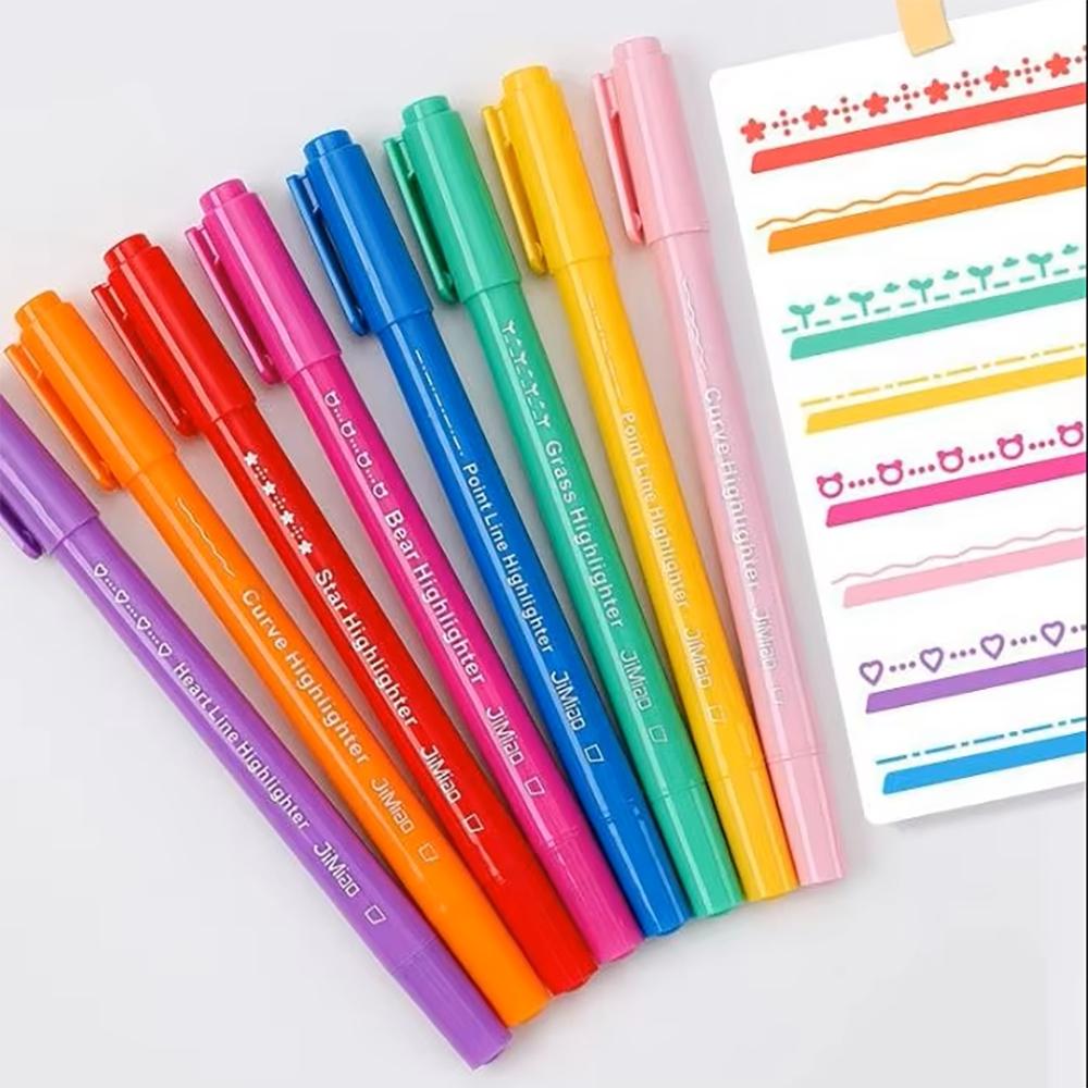 8pcs Dual-Head Multi-Functional Fluorescent Markers, Curve Roller Flower Design, Student DIY Journal Pens, Daily Use Stationery