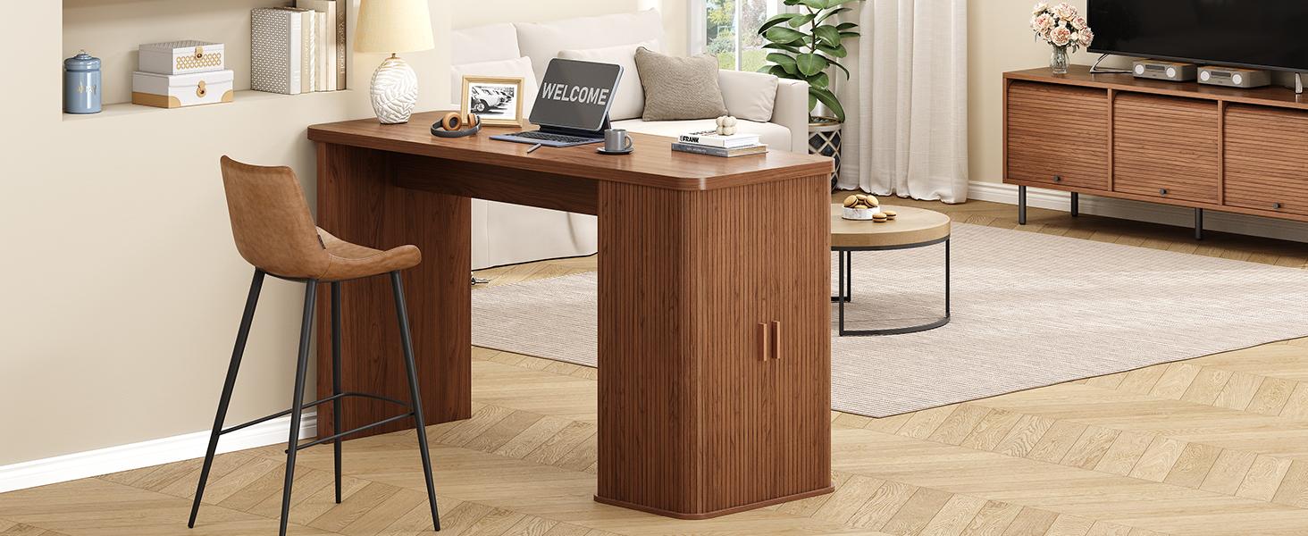 【SPOTLIGHT DAY】ONBRILL 59 Inch Kitchen Island with Storage, Fluted Counter Height Table, Mid-Century Modern Kitchen Island Table with Sliding Door, Home Bar Tables with Wine Rack and Drawers