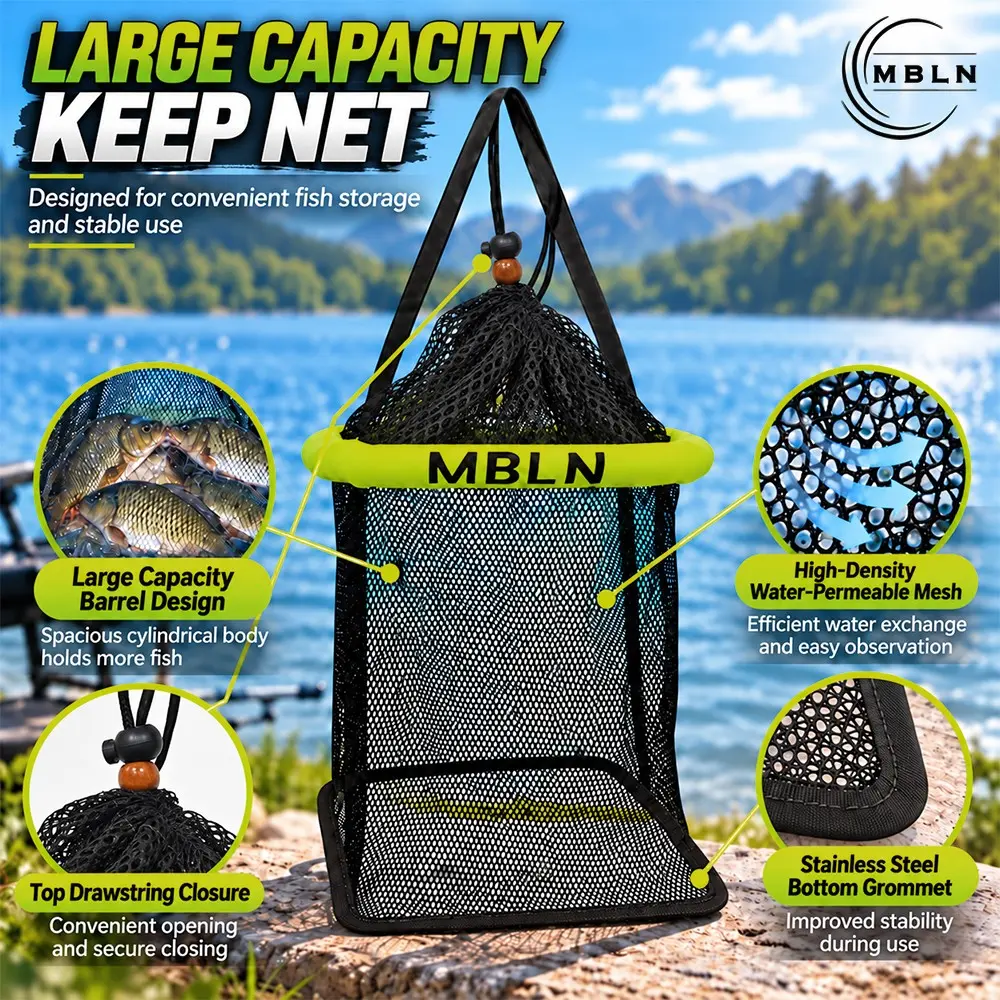 Mbln Floating Fishing Trap, Foldable Portable Nylon Net, Coated Nylon Live Bait Storage Basket, Ideal for Crawfish, Small Fish, Leeches