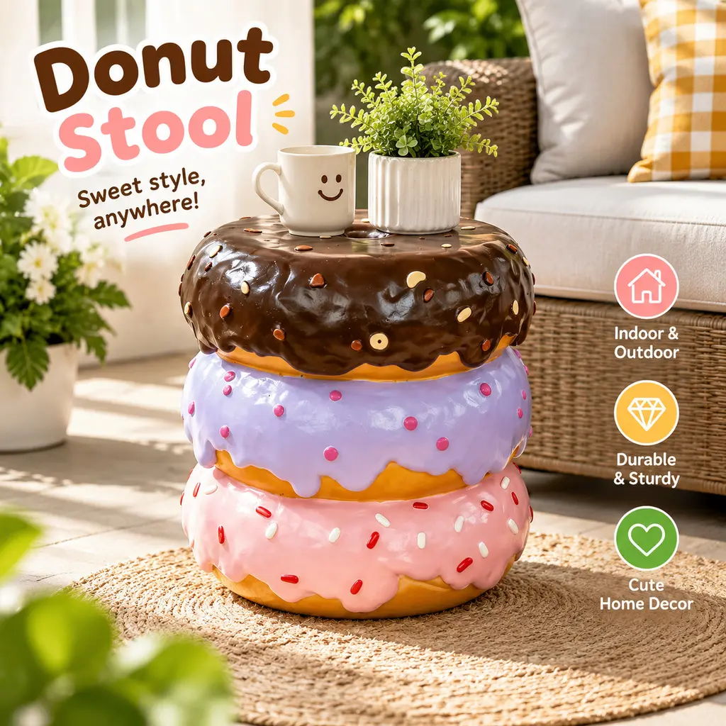 14 In Stacked Donut Stool - Colorful Dessert Character Side Table, Creative Figurine Seat, Multifunctional Decor for Living Room, Patio, Kids Room