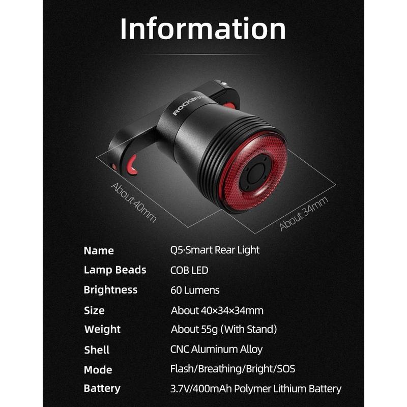 ROCKBROS Bike Tail Light Smart,Brake Sensing Bicycle Rear Lights for Night Ride,Ultra Bright LED Back Lights,Type C USB Rechargeable,IPX6 Waterproof,Cycling Safety Taillight Accessories