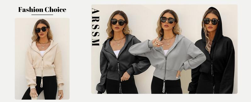 Arssm Cropped Hoodie Double Zipper Workout Jacket With Thumb Holes | Women's Stylish Athletic Crop Top Fabric Womenswear Ziphoodies